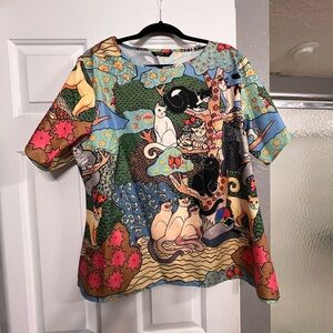 SheIn Curve Abstract Cat Polyester Shirt